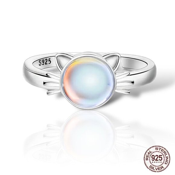 NWT S925 Sterling Silver Round Moonstone Cat Ring Adjustable Sz.6-8 - Picture 2 of 8